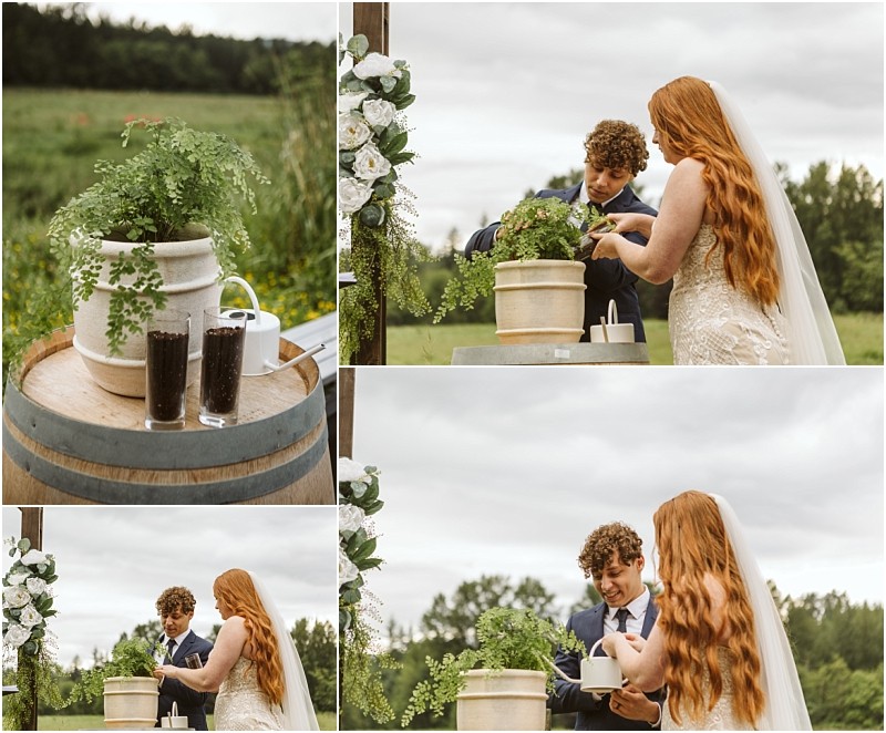 Snohomish & seattle wedding photographer | gsquared weddings photography a bride and groom with long red hair and curly brown hair plant a fern together during a marionfield farm elopement surrounded by greenery and floral decorations under a cloudy sky | wedding photo by gsquared weddings