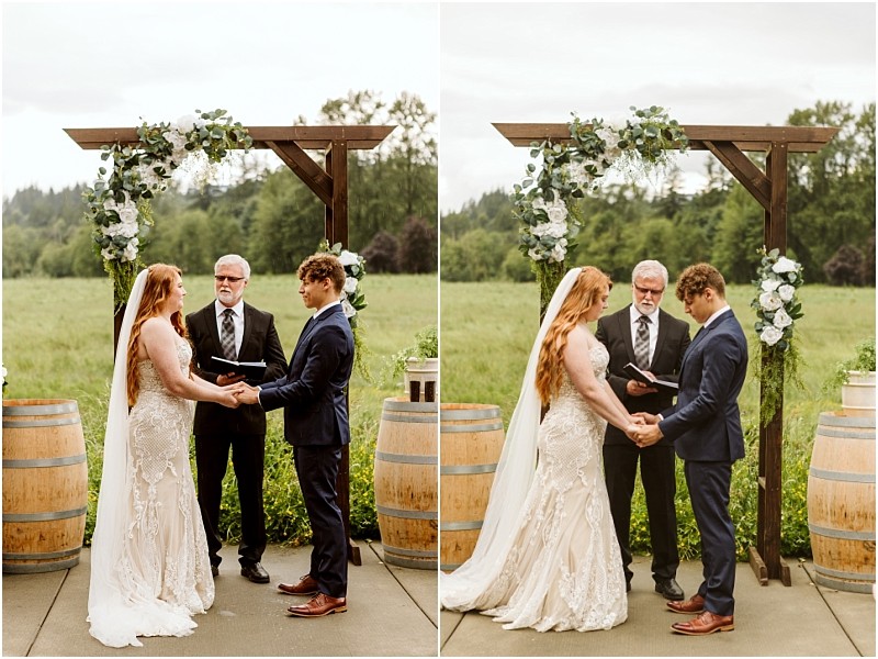 Snohomish & seattle wedding photographer | gsquared weddings photography a bride and groom stand holding hands under a wooden wedding arch decorated with flowers with an officiant behind them This marionfield farm elopement takes place outdoors surrounded by green grass and trees | wedding photo by gsquared weddings
