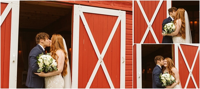 Snohomish & seattle wedding photographer | gsquared weddings photography a bride and groom embrace and kiss in front of a red barn with white trim at their marionfield farm elopement The bride holds a bouquet of white flowers and both appear joyful and smiling in different poses | wedding photo by gsquared weddings
