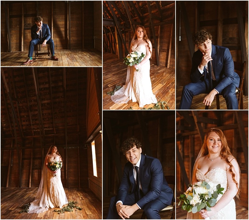 Snohomish & seattle wedding photographer | gsquared weddings photography a collage of six photos shows a marionfield farm elopement a bride in a white dress holding a bouquet and a groom in a navy suit sitting on a chair both posing inside a rustic wooden attic with warm lighting and exposed beams | wedding photo by gsquared weddings