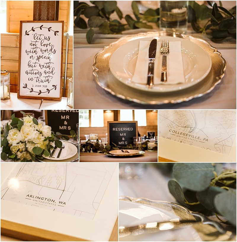 Snohomish & seattle wedding photographer | gsquared weddings photography a collage of wedding decor a framed quote an elegant table setting with gold accents floral arrangements reserved signs decorative maps of arlington wa and collegeville pa and greenery centerpieces at a marionfield farm elopement | wedding photo by gsquared weddings
