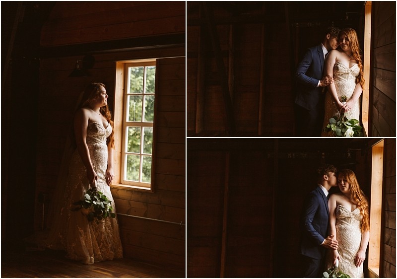 Snohomish & seattle wedding photographer | gsquared weddings photography a bride in a lace gown holds a bouquet and gazes out a window in a rustic wooden room at marionfield farm elopement Two smaller images show her embracing with the groom in a blue suit both sharing intimate tender moments | wedding photo by gsquared weddings