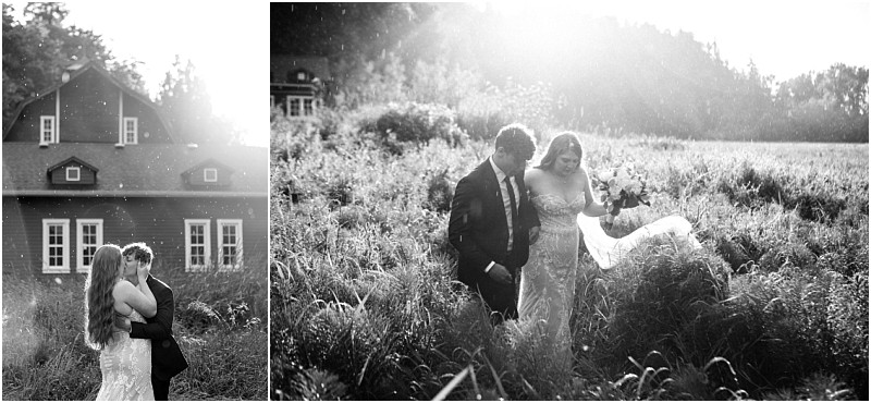 Snohomish & seattle wedding photographer | gsquared weddings photography two black and white photos from a marionfield farm elopement one captures the bride and groom embracing in front of a barn while the other shows them walking through sunlit tall grass the bride lifting her dress | wedding photo by gsquared weddings