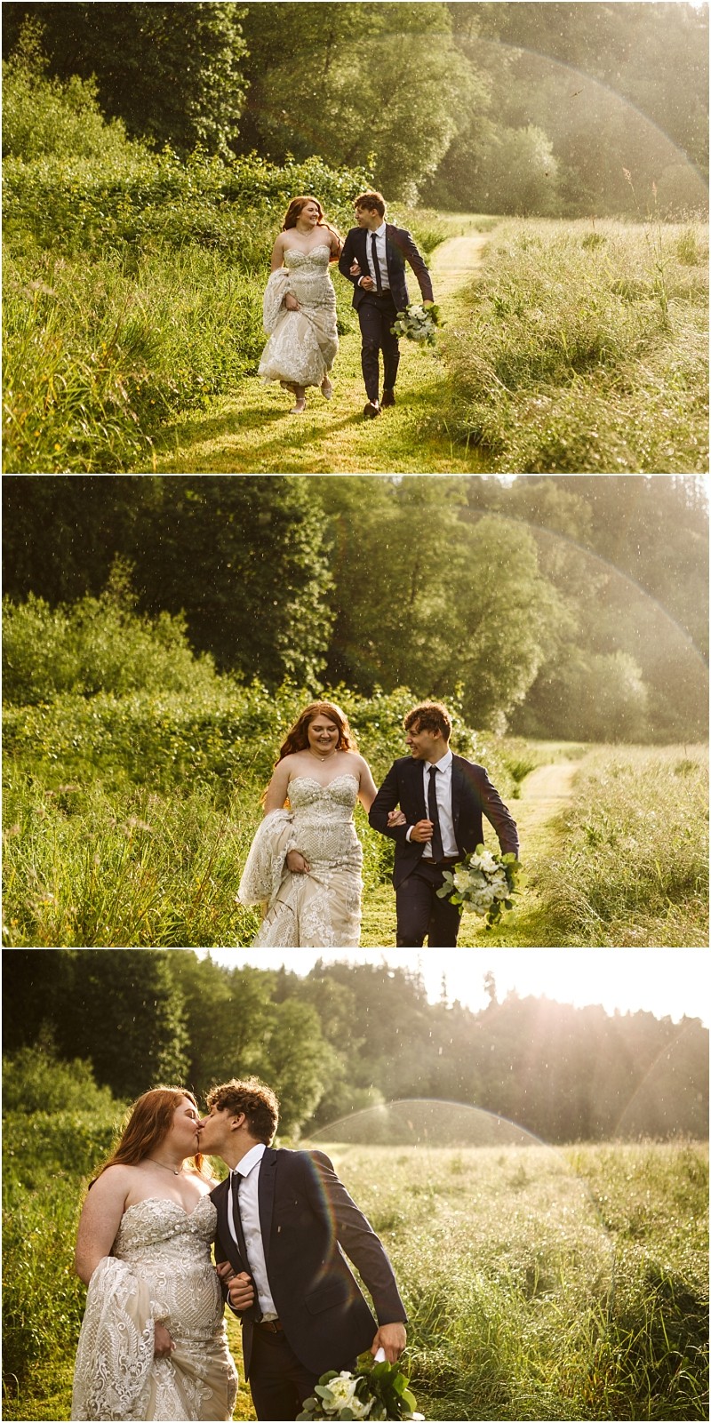 Snohomish & seattle wedding photographer | gsquared weddings photography a bride and groom walk joyfully down a sunlit grassy path at their marionfield farm elopement holding hands and flowers surrounded by greenery They smile at each other and share a kiss bathed in warm golden sunlight | wedding photo by gsquared weddings