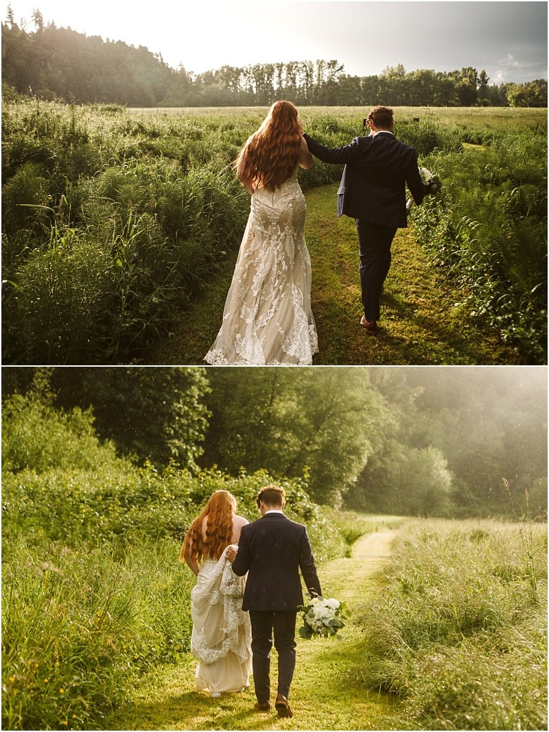Snohomish & seattle wedding photographer | gsquared weddings photography two photos of a bride and groom walking hand in hand down a grassy path at marionfield farm elopement sunlight streaming over the lush green field The bride wears a white lace gown and the groom a dark suit both shown from behind | wedding photo by gsquared weddings