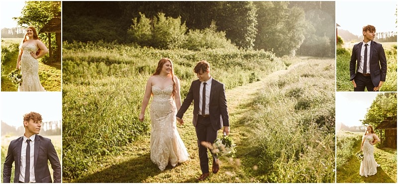 Snohomish & seattle wedding photographer | gsquared weddings photography a collage of wedding photos shows a bride and groom outdoors at marionfield farm elopement the couple walks hand in hand on a grassy path while individual portraits feature each dressed in formal attire surrounded by greenery | wedding photo by gsquared weddings
