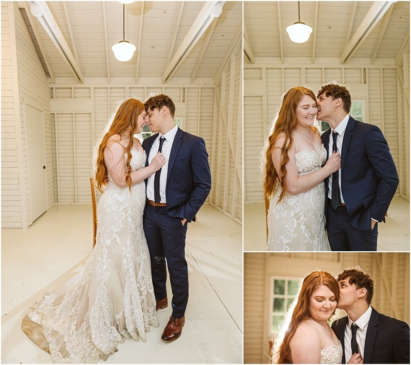 Snohomish & seattle wedding photographer | gsquared weddings photography a bride in a lace wedding gown and a groom in a navy suit share affectionate moments inside a white rustic wood paneled room during their intimate marionfield farm elopement | wedding photo by gsquared weddings