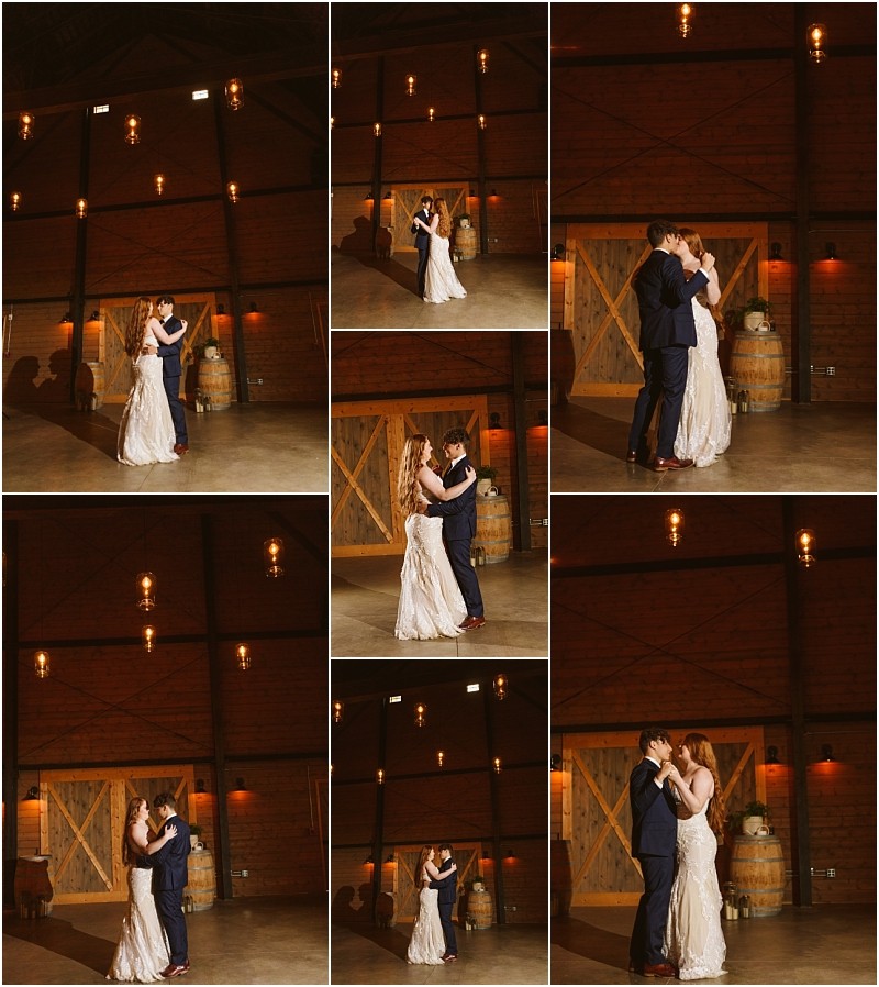 Snohomish & seattle wedding photographer | gsquared weddings photography a collage of nine photos shows a marionfield farm elopement with a bride and groom sharing their first dance in a warmly lit barn adorned with wooden doors wine barrels and string lights hanging from the ceiling | wedding photo by gsquared weddings