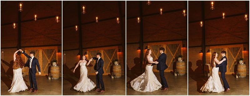Snohomish & seattle wedding photographer | gsquared weddings photography a bride and groom dance together in a warmly lit rustic venue at marionfield farm elopement with wooden doors and barrels captured in a four panel sequence showing their graceful movements and twirls | wedding photo by gsquared weddings