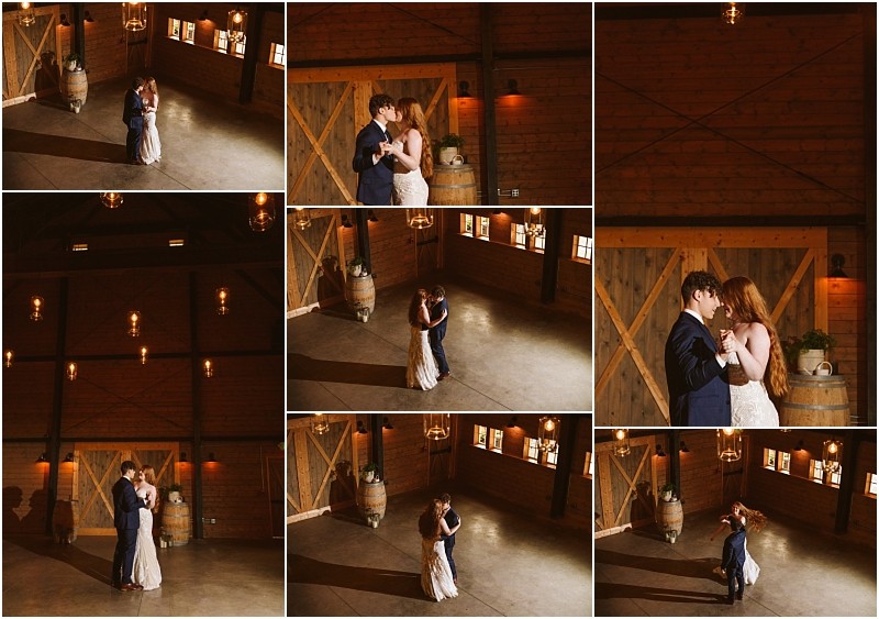 Snohomish & seattle wedding photographer | gsquared weddings photography a collage of six photos shows a bride and groom sharing their first dance in the warmly lit rustic barn at marionfield farm elopement surrounded by wine barrels and soft hanging lights | wedding photo by gsquared weddings