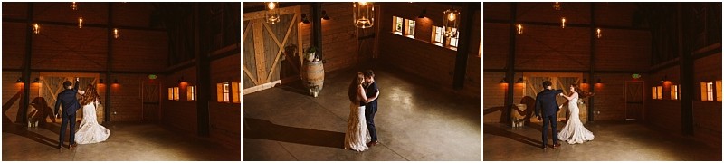 Snohomish & seattle wedding photographer | gsquared weddings photography three photos show a bride and groom sharing a romantic first dance alone in a warmly lit rustic barn at marionfield farm elopement with wood walls chandeliers and large barn doors | wedding photo by gsquared weddings