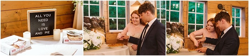 Snohomish & seattle wedding photographer | gsquared weddings photography a three panel image from a marionfield farm elopement shows a wedding couple cutting and serving pie instead of cake the first panel displays a sign reading all you need is love and pie beside pie boxes and candles | wedding photo by gsquared weddings