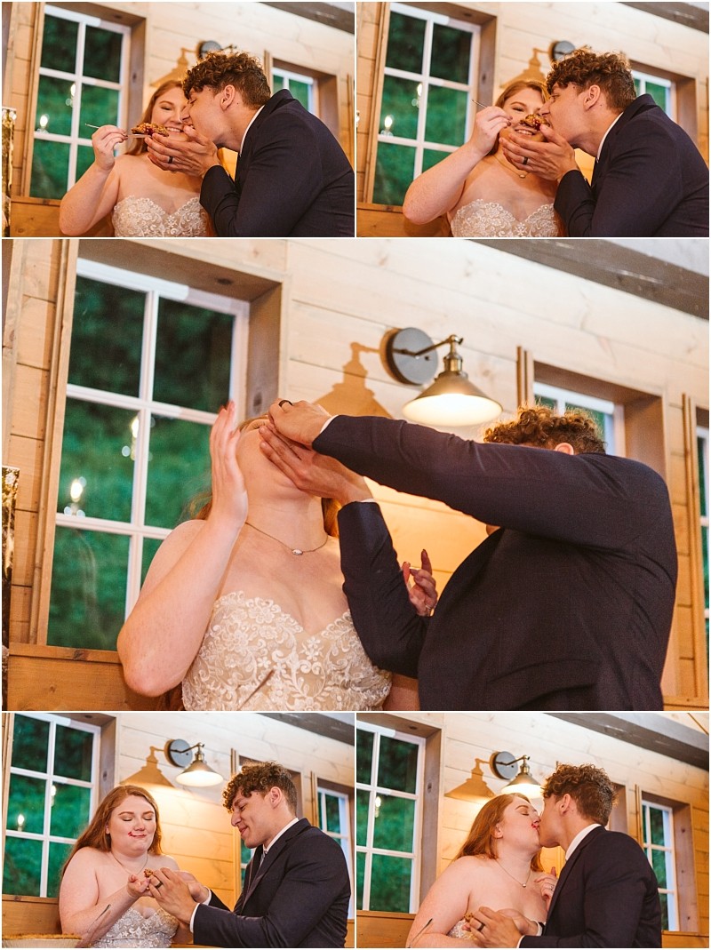 Snohomish & seattle wedding photographer | gsquared weddings photography a bride and groom playfully feed each other cake at their marionfield farm elopement laughing and getting cake on each others faces inside a rustic venue with wood walls and large windows | wedding photo by gsquared weddings