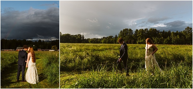 Snohomish & seattle wedding photographer | gsquared weddings photography a couple in wedding attire walks through a sunlit grassy field at marionfield farm elopement with dramatic dark clouds and trees enhancing the romantic scene | wedding photo by gsquared weddings