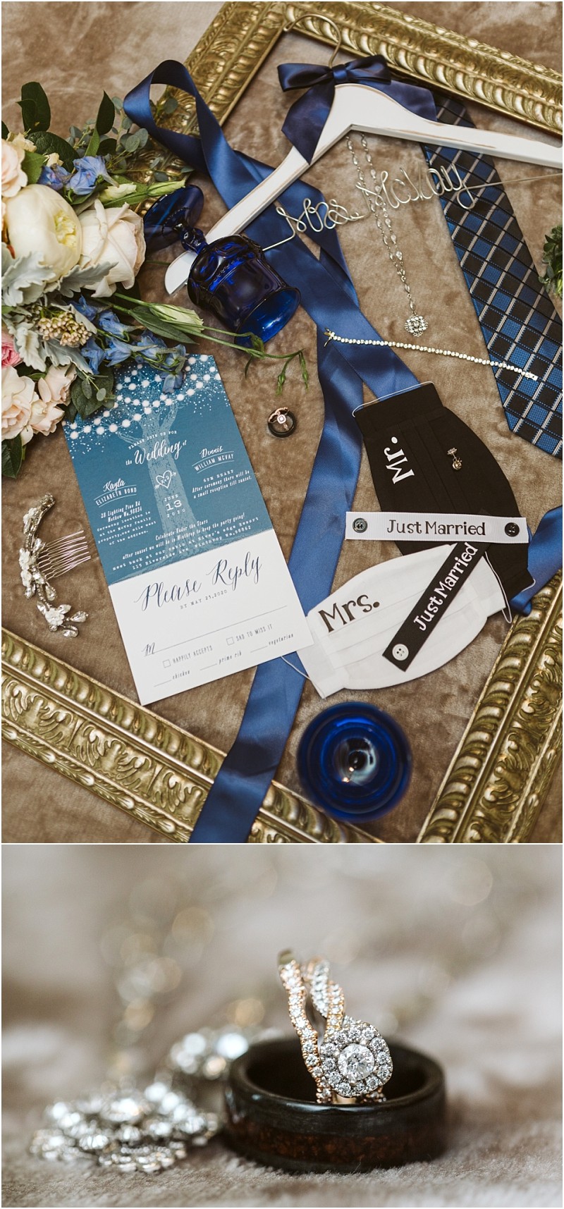 Snohomish & seattle wedding photographer | gsquared weddings photography flat lay of wedding items including invitations blue and silver accessories boutonniere tie mr And mrs Tags and jewelry on a gold framecapturing the essence of a methow elopement Below a close up of wedding rings and earrings | wedding photo by gsquared weddings