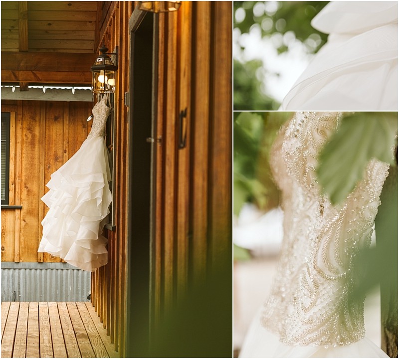 Snohomish & seattle wedding photographer | gsquared weddings photography a white wedding dress with a beaded bodice hangs on a wooden wall perfect for a methow elopement Two close up images show the ruffled skirt and intricate beading partially framed by green leaves | wedding photo by gsquared weddings