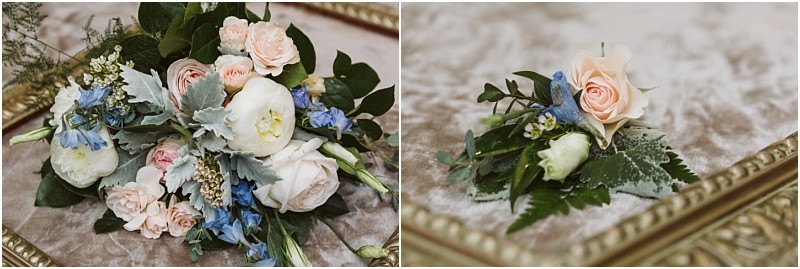 Snohomish & seattle wedding photographer | gsquared weddings photography a bridal bouquet and boutonniere for a methow elopement with pale pink and white roses blue flowers and green foliage rest on soft beige fabric both framed by ornate gold picture frames | wedding photo by gsquared weddings
