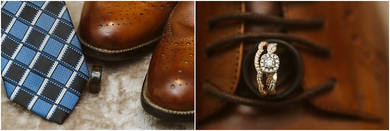 Snohomish & seattle wedding photographer | gsquared weddings photography a close up of brown leather dress shoes a blue patterned tie cufflinks and a diamond engagement ring placed on a shoelaceperfect details for an intimate methow elopement | wedding photo by gsquared weddings