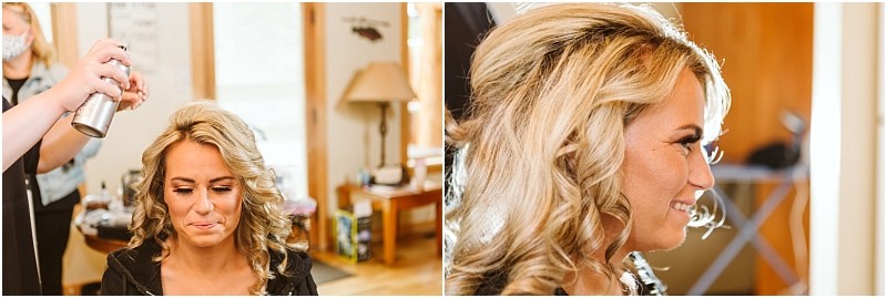 Snohomish & seattle wedding photographer | gsquared weddings photography a woman with curled blonde hair is getting styled for her methow elopement In the left image someone sprays her hair while she makes a funny face in the right she smiles brightly showing her finished hairstyle | wedding photo by gsquared weddings