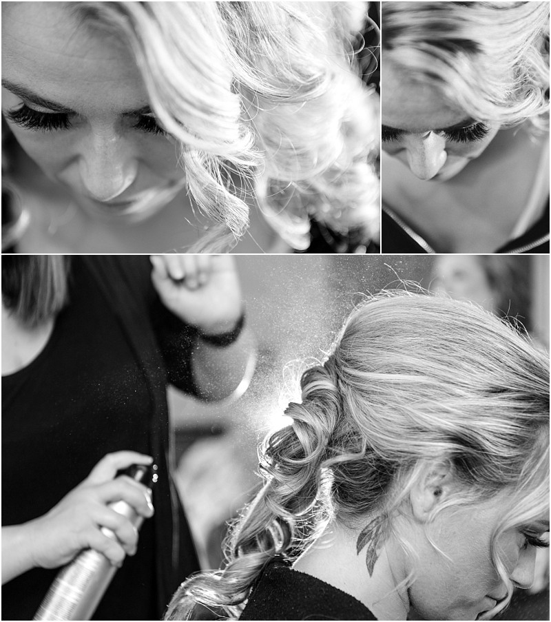 Snohomish & seattle wedding photographer | gsquared weddings photography black and white collage of a woman getting her hair styled for a methow elopement Top images show close ups of her face and curled hair while the bottom captures a stylist spraying hairspray on her styled hair from the back | wedding photo by gsquared weddings