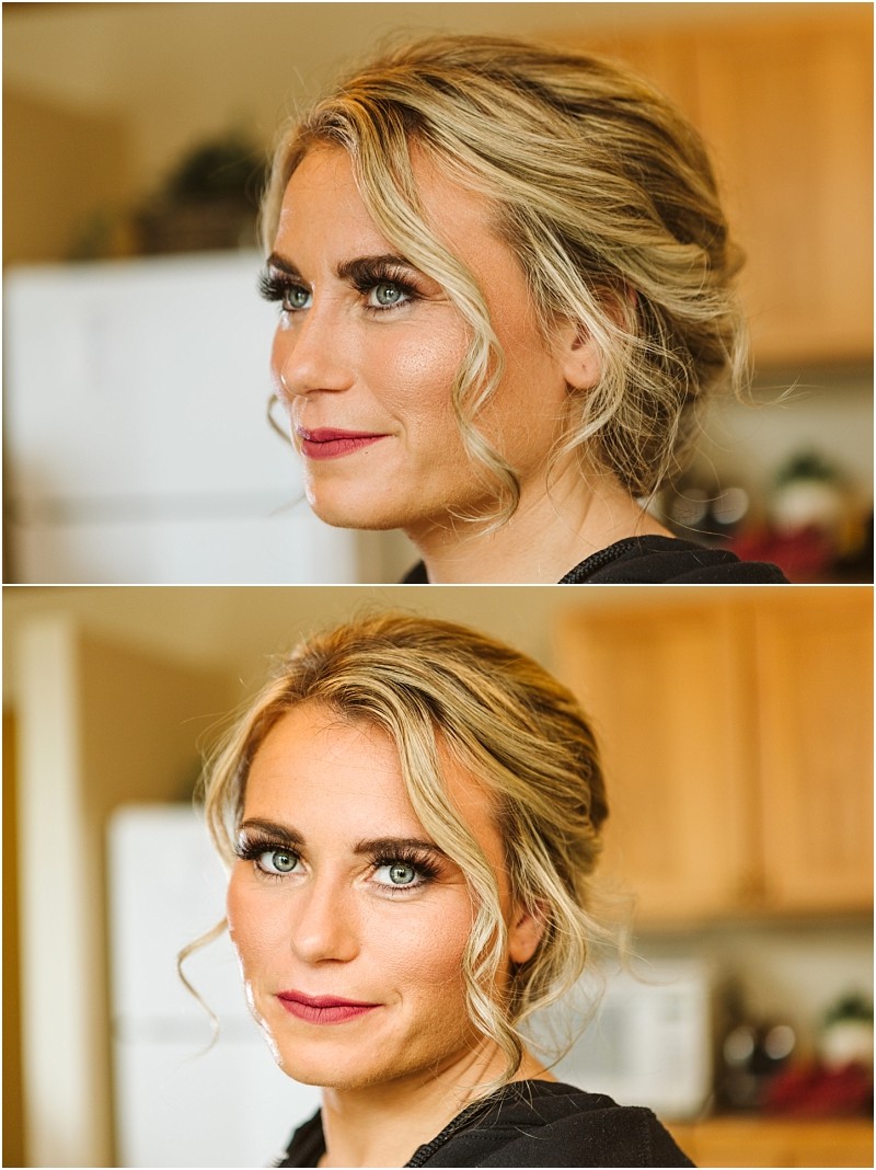 Snohomish & seattle wedding photographer | gsquared weddings photography two images of a woman with blonde hair in an updo dramatic eye makeup and red lipstick posing indoors with a neutral expression The background hints at a kitchencapturing quiet moments before her methow elopement | wedding photo by gsquared weddings