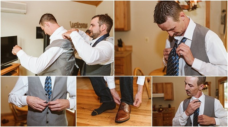 Snohomish & seattle wedding photographer | gsquared weddings photography a series of photos from a methow elopement show two men in dress shirts and vests getting ready one adjusts his tie buttons his vest and puts on brown shoes while the other helps with his jacket in a warmly lit home | wedding photo by gsquared weddings