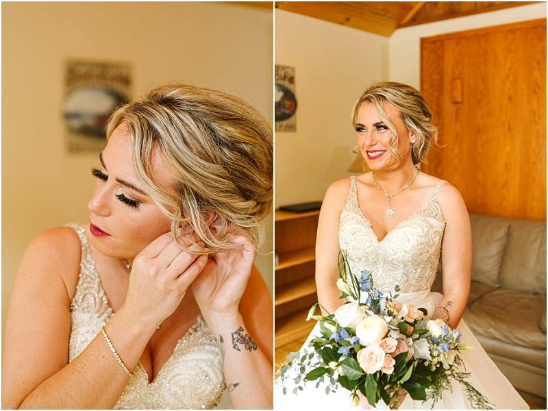 Snohomish & seattle wedding photographer | gsquared weddings photography a bride with blonde hair in an elegant updo puts on earrings then smiles holding a bouquet of white and pink flowers in her beaded wedding dress enjoying an intimate methow elopement in a cozy wood paneled room | wedding photo by gsquared weddings