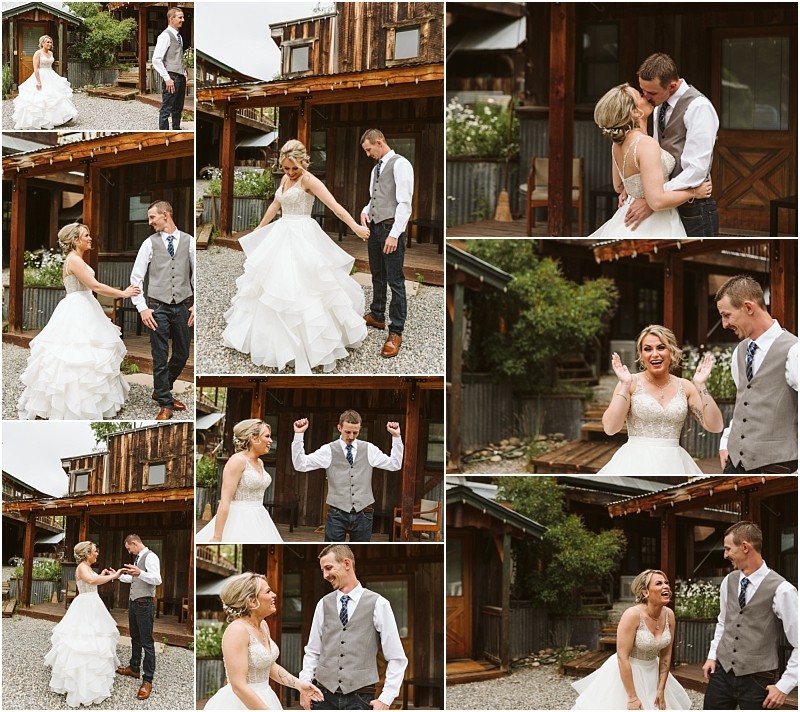 Snohomish & seattle wedding photographer | gsquared weddings photography a collage captures a joyful methow elopement first look with the bride and groom laughing surprised dancing playfully and sharing loving gazes outside a rustic wooden building on their wedding day | wedding photo by gsquared weddings