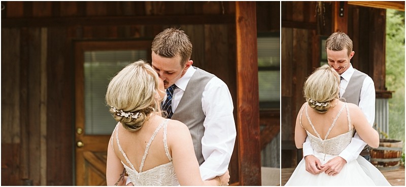 Snohomish & seattle wedding photographer | gsquared weddings photography a groom and bride share an intimate moment outside a rustic wooden building during their methow elopement The groom gently adjusts something on the brides back as they prepare for their wedding | wedding photo by gsquared weddings