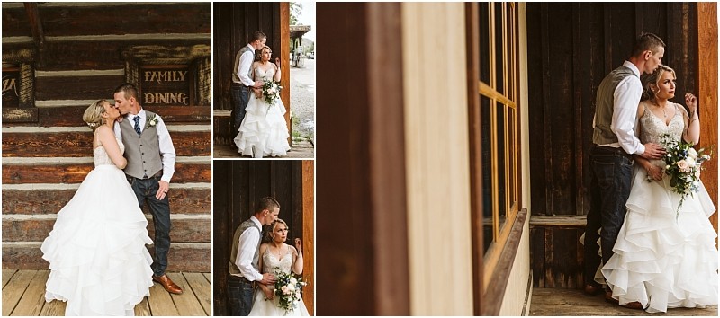 Snohomish & seattle wedding photographer | gsquared weddings photography a bride and groom standing in front of a wooden building capturing the rustic charm of a methow elopement | wedding photo by gsquared weddings