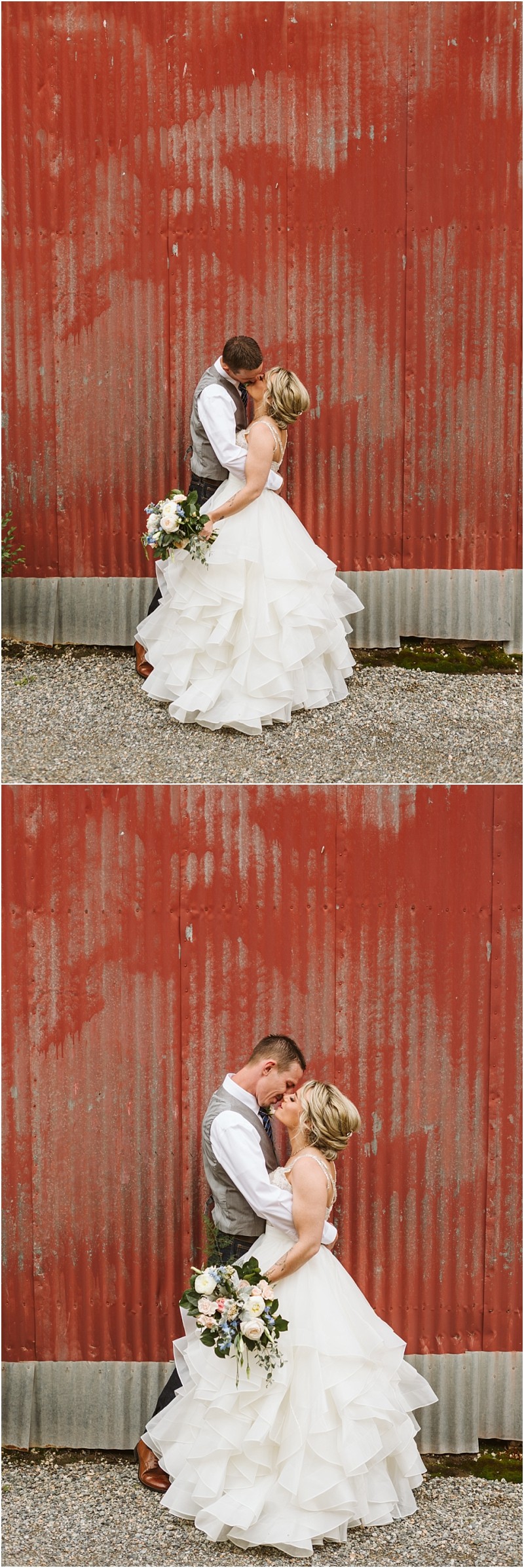 Snohomish & seattle wedding photographer | gsquared weddings photography a bride in a ruffled white dress and a groom in a vest and tie embrace and kiss during their methow elopement standing before a weathered red corrugated metal wall and holding a bouquet of flowers | wedding photo by gsquared weddings