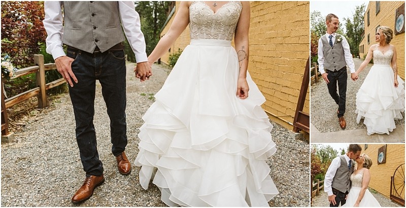 Snohomish & seattle wedding photographer | gsquared weddings photography a bride in a flowing white dress and a groom in a vest white shirt and dark pants walk hand in hand on a gravel path beside a yellow brick building during their methow elopement Smaller images show them smiling and walking together | wedding photo by gsquared weddings