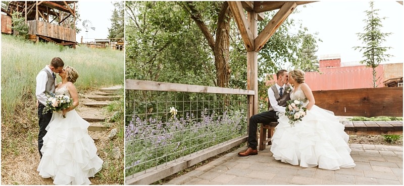 Snohomish & seattle wedding photographer | gsquared weddings photography a bride and groom share tender moments outdoors on the left they embrace on rustic steps surrounded by greenery during their methow elopement and on the right they sit closely together under a wooden pavilion | wedding photo by gsquared weddings