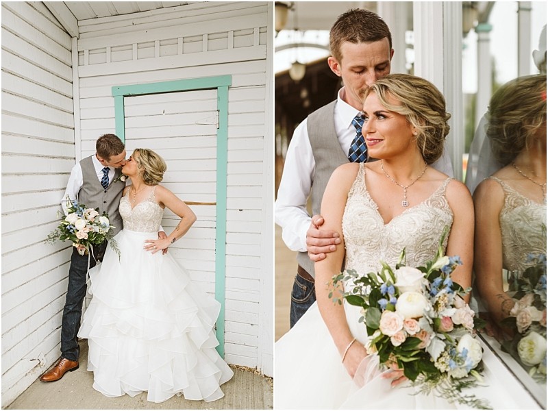 Snohomish & seattle wedding photographer | gsquared weddings photography a bride in a white gown and a groom in a vest and tie pose together during their methow elopement on the left they share a kiss while on the right he gently holds her as she clutches a bouquet of roses and greenery | wedding photo by gsquared weddings