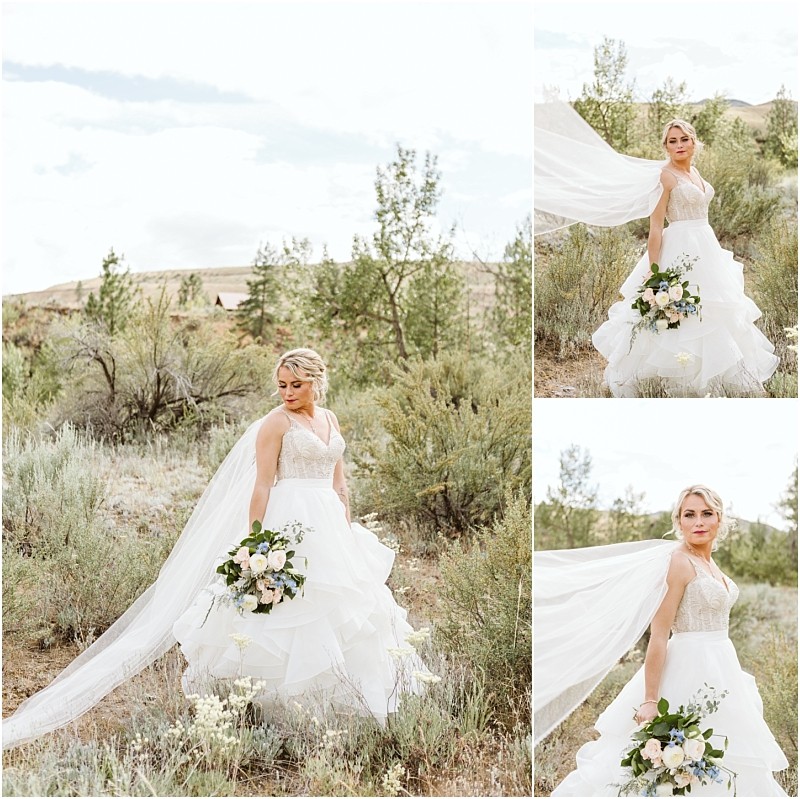 Snohomish & seattle wedding photographer | gsquared weddings photography a bride in a white gown and flowing veil poses outdoors in a natural brushy landscape during a romantic methow elopement holding a bouquet of white flowers in three different elegant stances | wedding photo by gsquared weddings