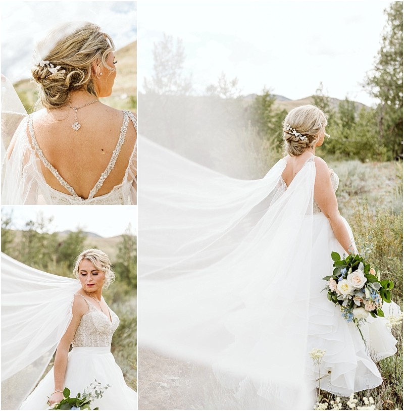 Snohomish & seattle wedding photographer | gsquared weddings photography collage of a bride outdoors in a flowing white gown with lace details holding a bouquet of white and blush flowers during her methow elopement Her hair is styled in an elegant updo with a veil blowing in the wind | wedding photo by gsquared weddings