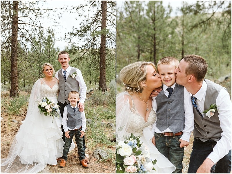 Snohomish & seattle wedding photographer | gsquared weddings photography two wedding photos from a methow elopement on the left a bride groom and young boy smile in a forest On the right the couple kisses the boys cheeks as he grins all dressed in wedding attire with lush greenery behind them | wedding photo by gsquared weddings