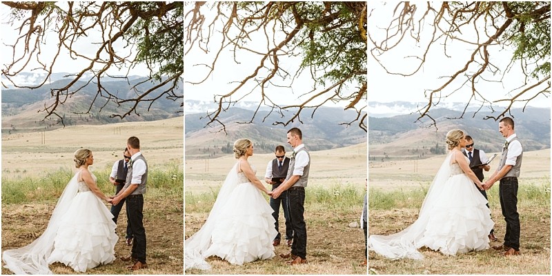 Snohomish & seattle wedding photographer | gsquared weddings photography a bride and groom stand outdoors under a tree holding hands during their methow elopement ceremony with a scenic mountainous landscape in the background An officiant stands with them in one of the images | wedding photo by gsquared weddings