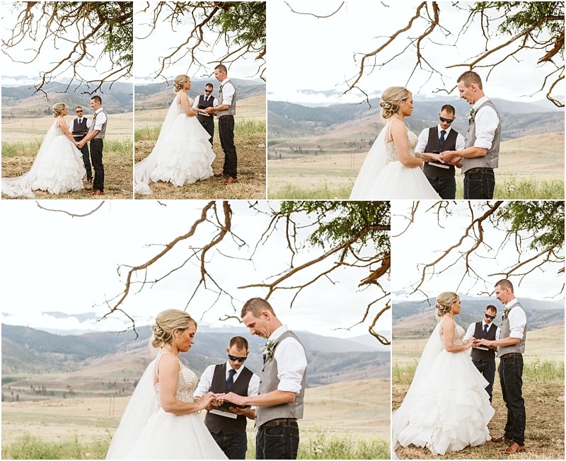 Snohomish & seattle wedding photographer | gsquared weddings photography a bride and groom stand outdoors exchanging vows with a scenic mountain landscape in the background accompanied by an officiant Bare tree branches frame this intimate methow elopement from multiple angles | wedding photo by gsquared weddings