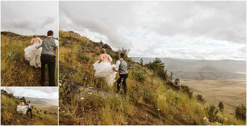 Snohomish & seattle wedding photographer | gsquared weddings photography a bride in a white dress and a groom in a vest and pants walk uphill through grassy terrain with rocky outcrops capturing the wild beauty of a methow elopement overlooking a vast cloudy valley and distant mountains Two smaller images show similar views | wedding photo by gsquared weddings