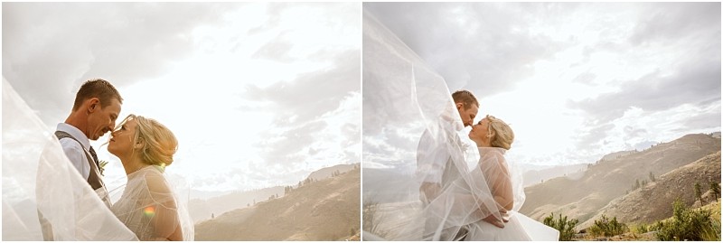 Snohomish & seattle wedding photographer | gsquared weddings photography a bride and groom stand close together outdoors touching foreheads and wrapped in the brides flowing veil with a scenic methow elopement mountain landscape and cloudy sky in the background | wedding photo by gsquared weddings