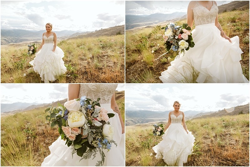 Snohomish & seattle wedding photographer | gsquared weddings photography a bride in a white gown holds a bouquet of pastel flowers while standing in a grassy mountainous landscape under a bright methow elopement sky Four images show her smiling walking and the bouquet in close up | wedding photo by gsquared weddings