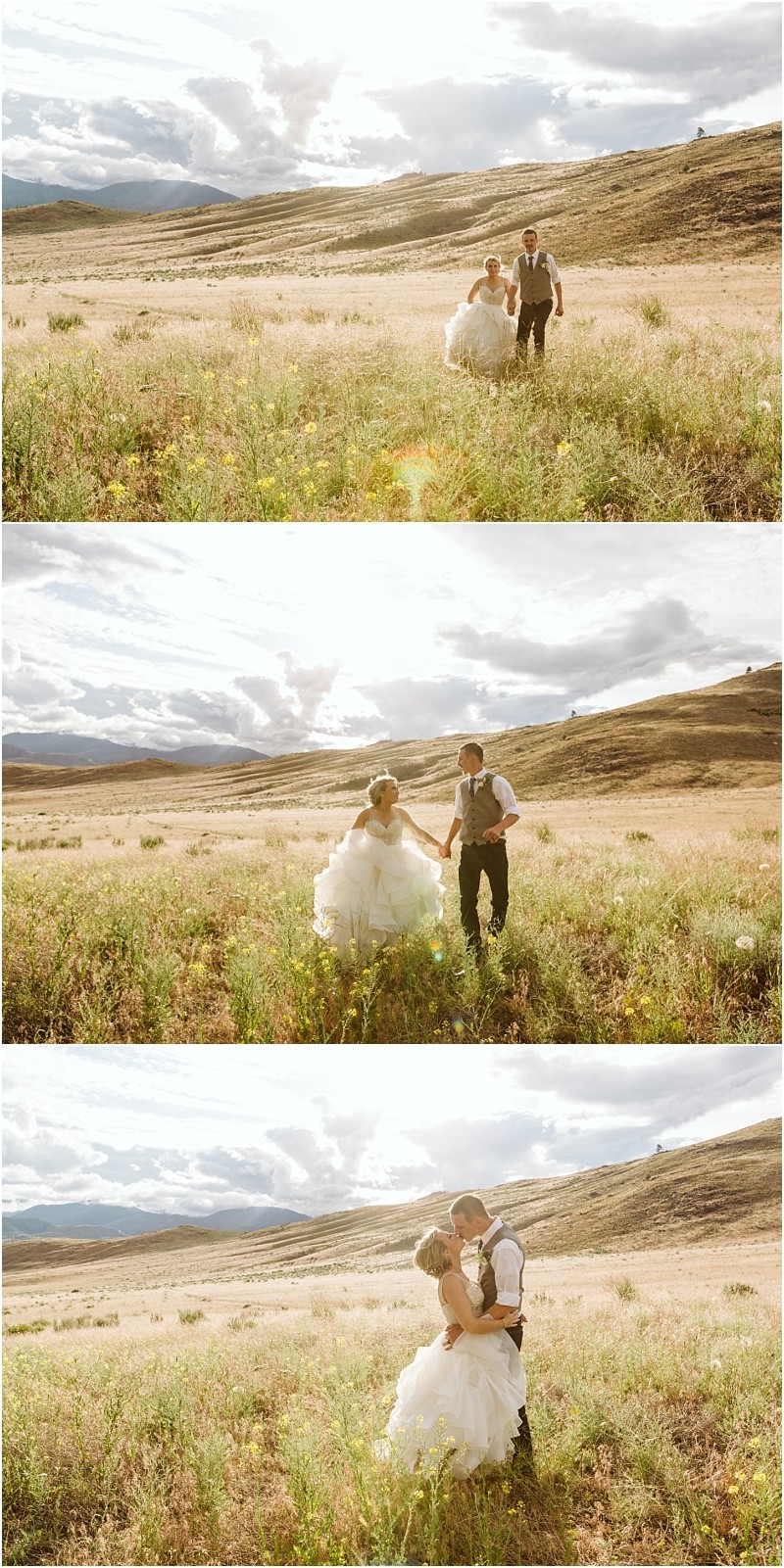 Snohomish & seattle wedding photographer | gsquared weddings photography a bride and groom walk and embrace in a sunlit grassy field with rolling hills and a dramatic cloudy skya perfect scene for a methow elopement | wedding photo by gsquared weddings