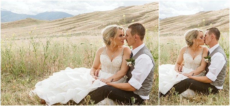 Snohomish & seattle wedding photographer | gsquared weddings photography a bride and groom sit close together in a grassy field with rolling hills behind them during their methow elopement The bride wears a white gown the groom wears a vest and tie In one photo they gaze at each other in the other they kiss | wedding photo by gsquared weddings