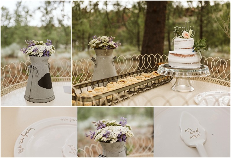 Snohomish & seattle wedding photographer | gsquared weddings photography a rustic methow elopement wedding dessert table outdoors features a small white cake assorted pastries a metal pitcher of purple and white flowers custom plates and a cake server reading mr And mrs On a neutral table | wedding photo by gsquared weddings