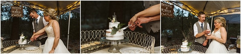 Snohomish & seattle wedding photographer | gsquared weddings photography a bride and groom cut their wedding cake together under a tent during their methow elopement then share a playful moment as the groom feeds the bride a bite Rustic wooden signs and string lights complete the setting | wedding photo by gsquared weddings