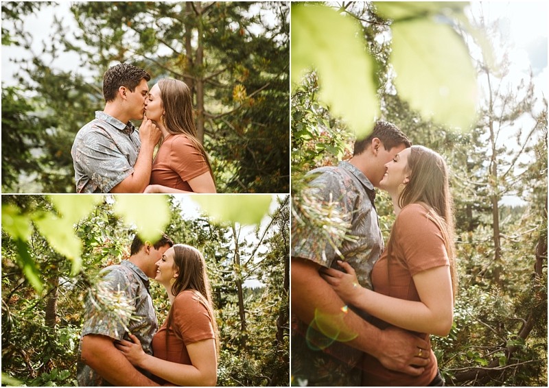 Snohomish & seattle wedding photographer | gsquared weddings photography a couple stands close together during their gold creek pond engagement embracing and kissing amidst trees and greenery Sunlight filters through the leaves creating a warm and intimate atmosphere in the three photos | wedding photo by gsquared weddings