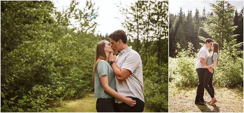 Snohomish & seattle wedding photographer | gsquared weddings photography a couple stands close together outdoors at gold creek pond surrounded by lush green trees sharing a kiss in one image and a gentle embrace in another both dressed casually in a peaceful sunlit forest setting | wedding photo by gsquared weddings