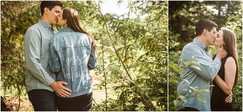 Snohomish & seattle wedding photographer | gsquared weddings photography a couple stands close together in a lush green outdoor setting at gold creek pond The woman wears a denim jacket reading mrs On the back The couple kisses and embraces surrounded by sunlight and greenery | wedding photo by gsquared weddings