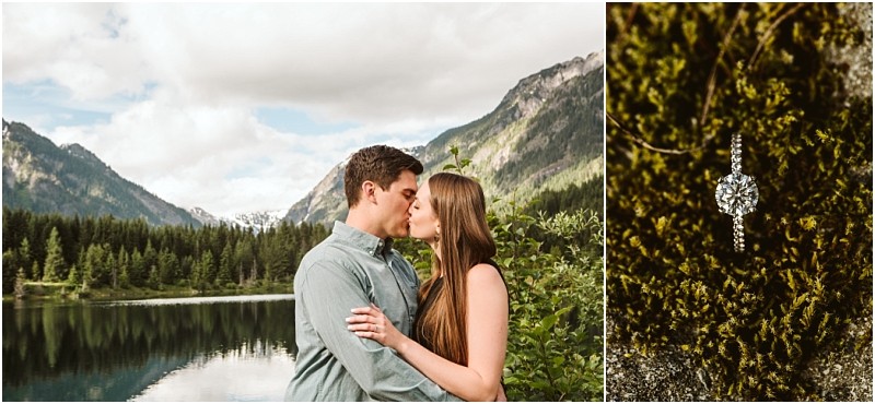 Snohomish & seattle wedding photographer | gsquared weddings photography a couple kisses by gold creek pond nestled among evergreens with a close up of a diamond engagement necklace resting on green moss | wedding photo by gsquared weddings